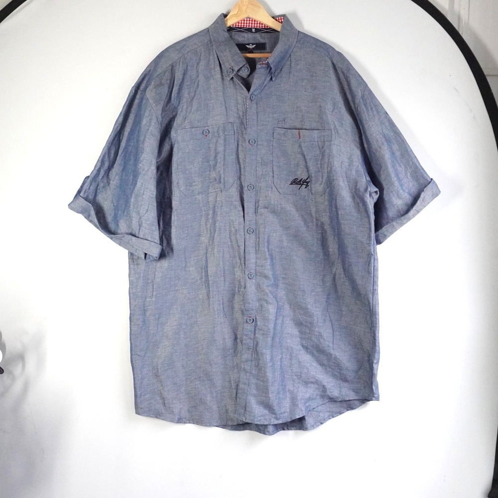 Rich Yung Mens Blue Cotton Linen Short Sleeve Button Down Shirt 3XL Gingham Trim
